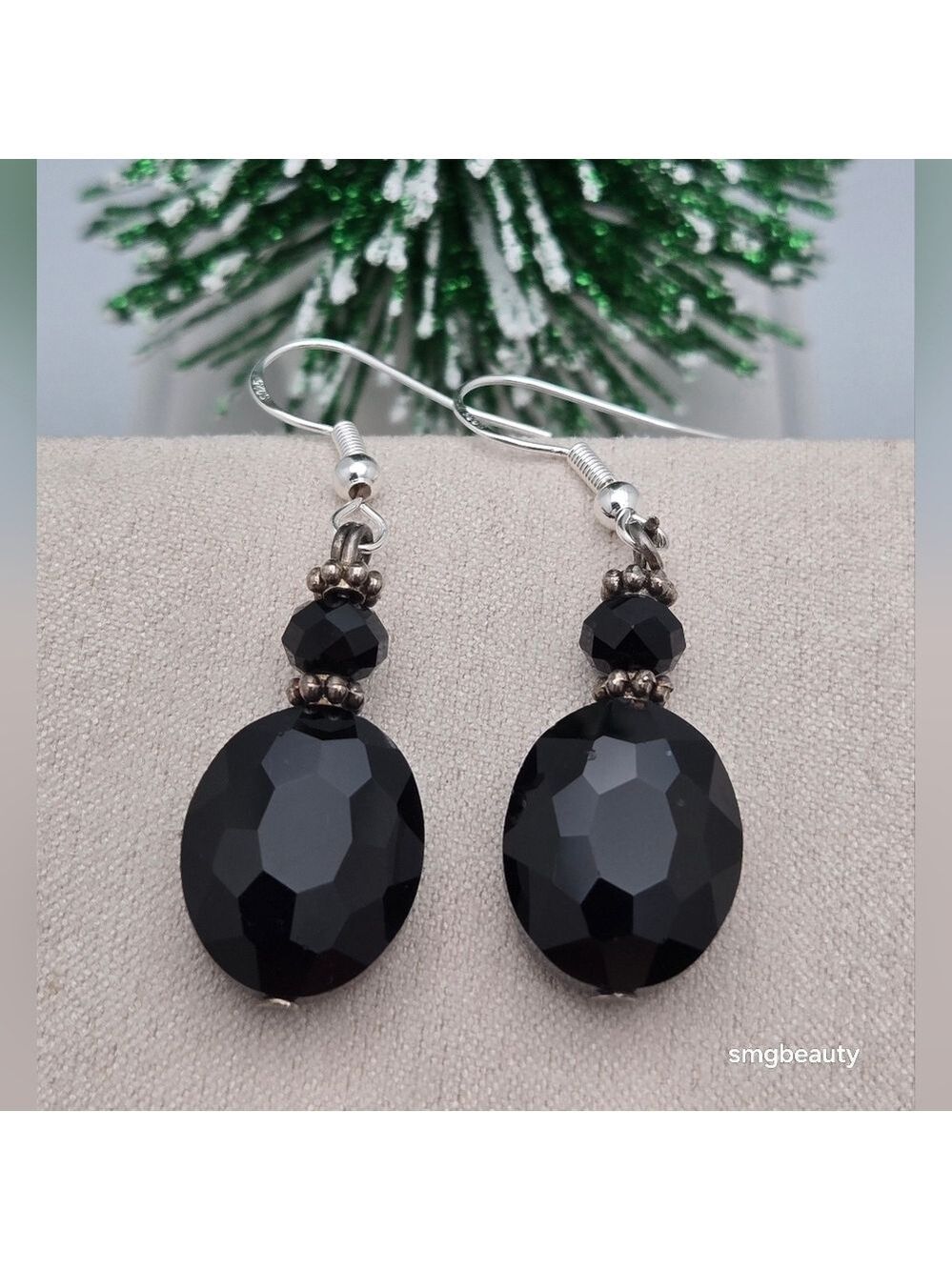 Black Faceted Glass Dangle Earrings Sterling Silver Hooks Handmade Classic